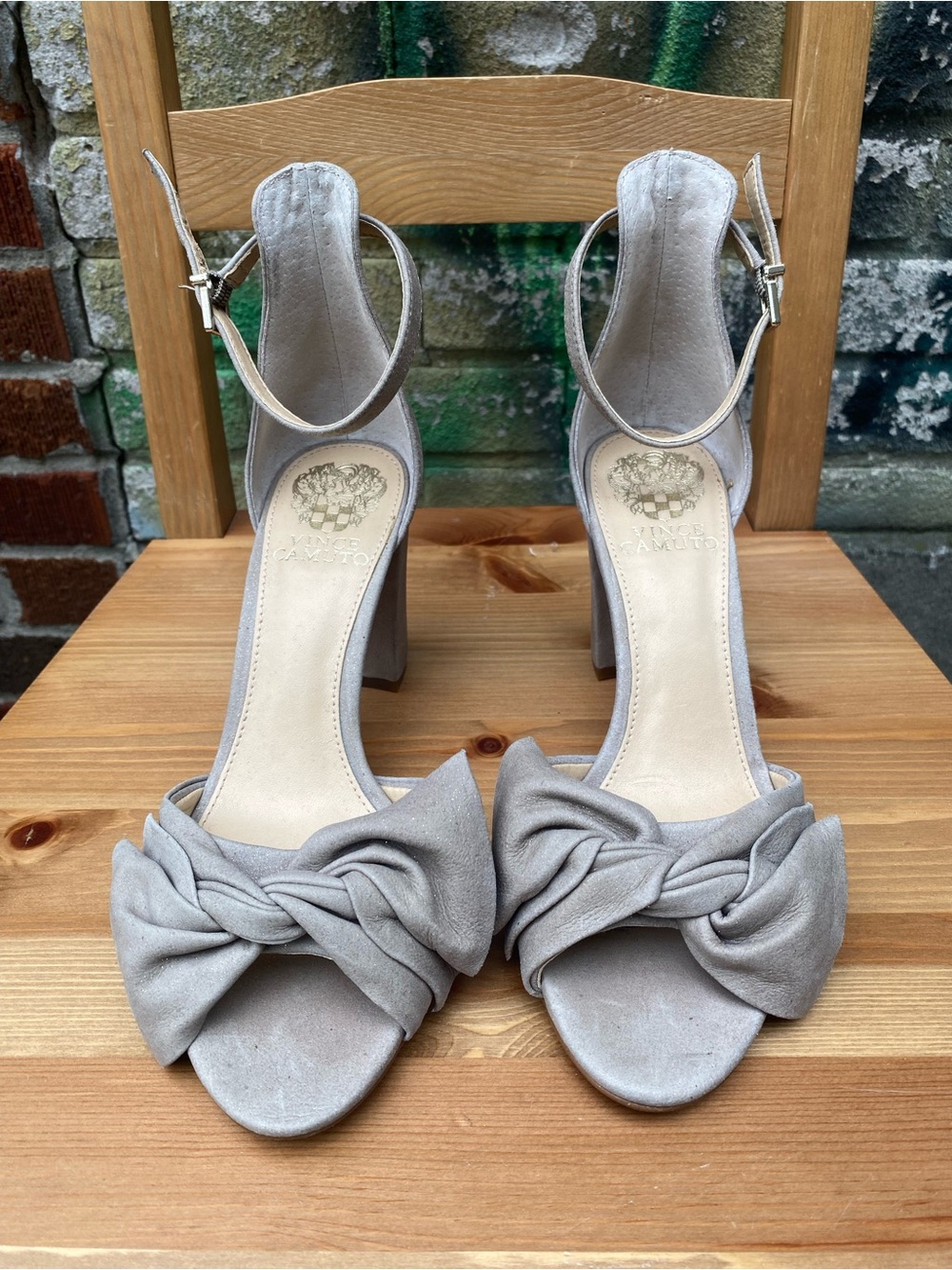Vince Camuto Knotted Ankle-Strap Heeled Sandals in Light Gray